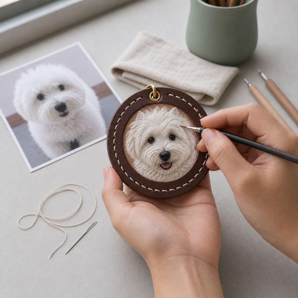 Hand-Carved Leather Pet Portrait Keepsake