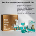 Complete pet grooming gift set for dogs and cats including no-rinse wipes, paw cleaner, ear care and dental wipes