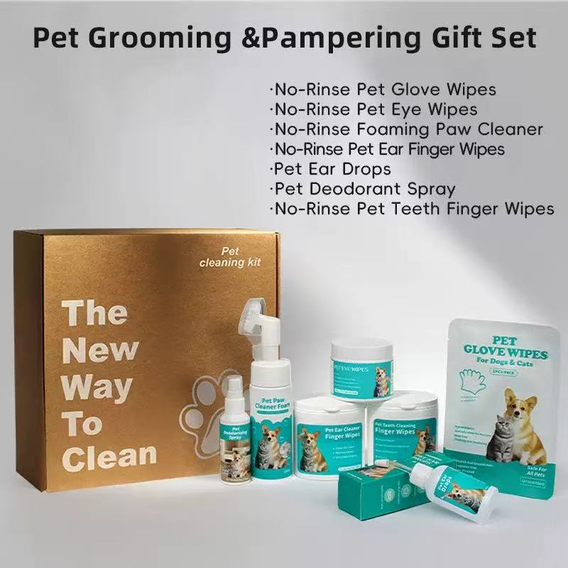 Complete pet grooming gift set for dogs and cats including no-rinse wipes, paw cleaner, ear care and dental wipes