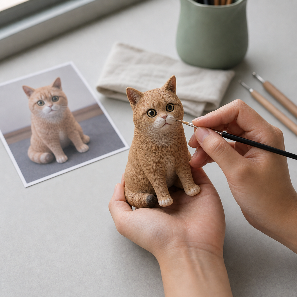 Artist hand-sculpting a custom brown cat figurine using a pet photograph as reference