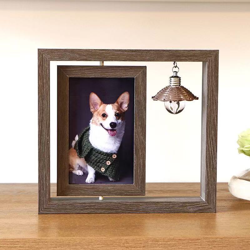 Brown vertical pet memorial photo frame with LED light displaying a corgi photograph
